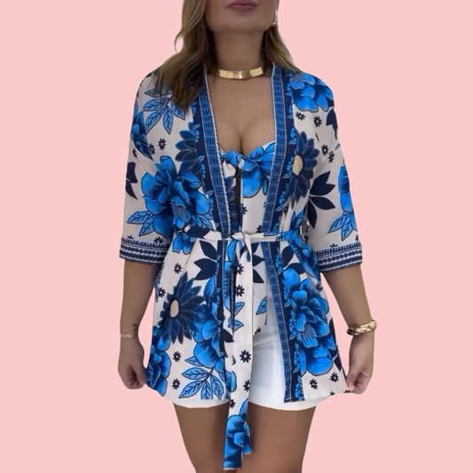 Blue Floral Wrap Bra & Tie Shirt