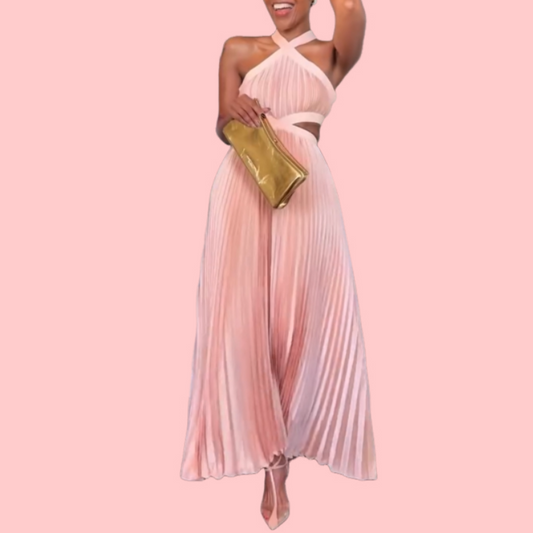 Pink Hollow Pleated Maxi Dress