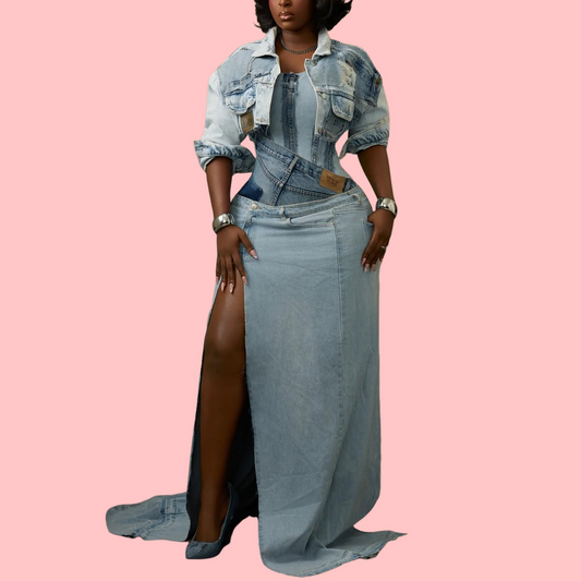 Denim Cropped Jacket & Patchwork Denim Skirt Set