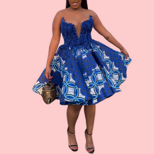 Blue Rhinestone Printed Patchwork Mini Dress