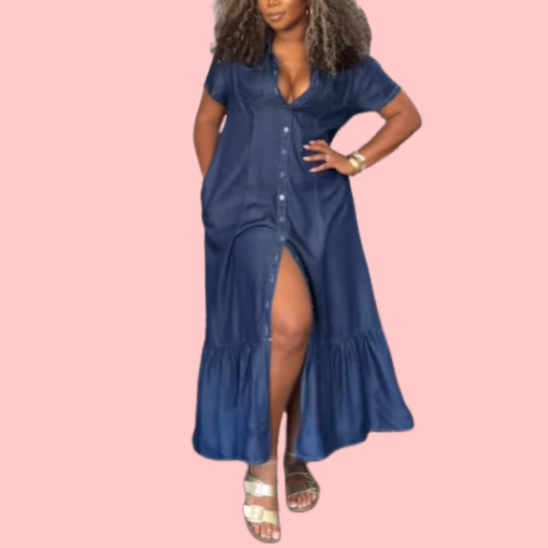 Short Sleeve Shirt Collar Button Down Maxi Dress