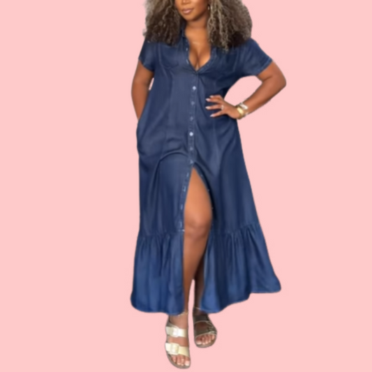 Short Sleeve Shirt Collar Button Down Maxi Dress