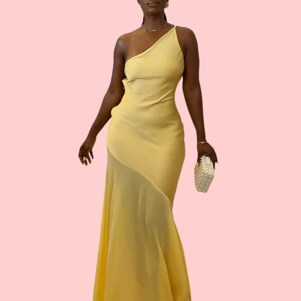 Solid-Color Off-Shoulder Mesh Panel Maxi Dress