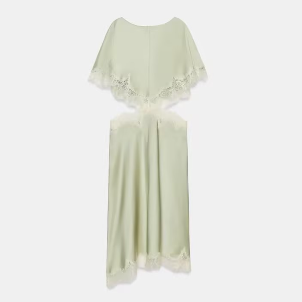 Avocado Green Lace-Trimmed Sheer Dress