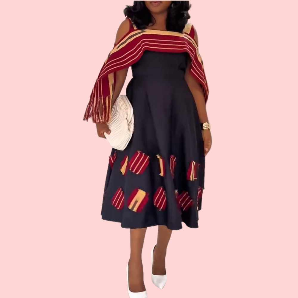 Ethnic Embroidered Midi Dress + Fringed Shawl