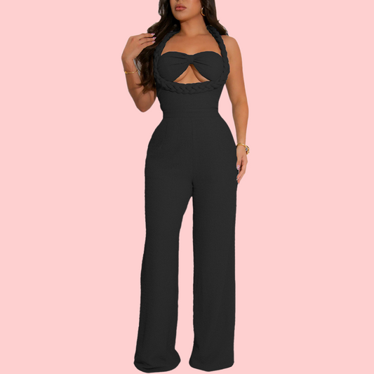 Solid Color Woven Hollow Out Jumpsuit
