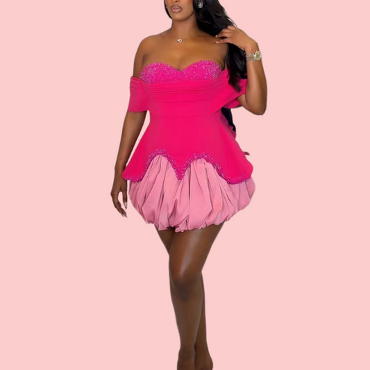 Pink Rhinestone Patchwork Top & Puffy Skirt Set
