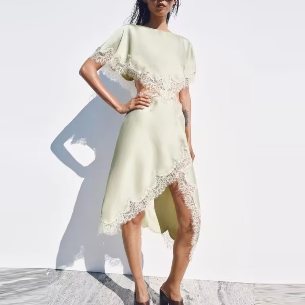Avocado Green Lace-Trimmed Sheer Dress