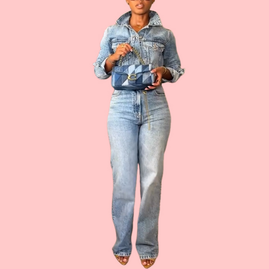 Washed Denim Long-Sleeve Jumpsuit