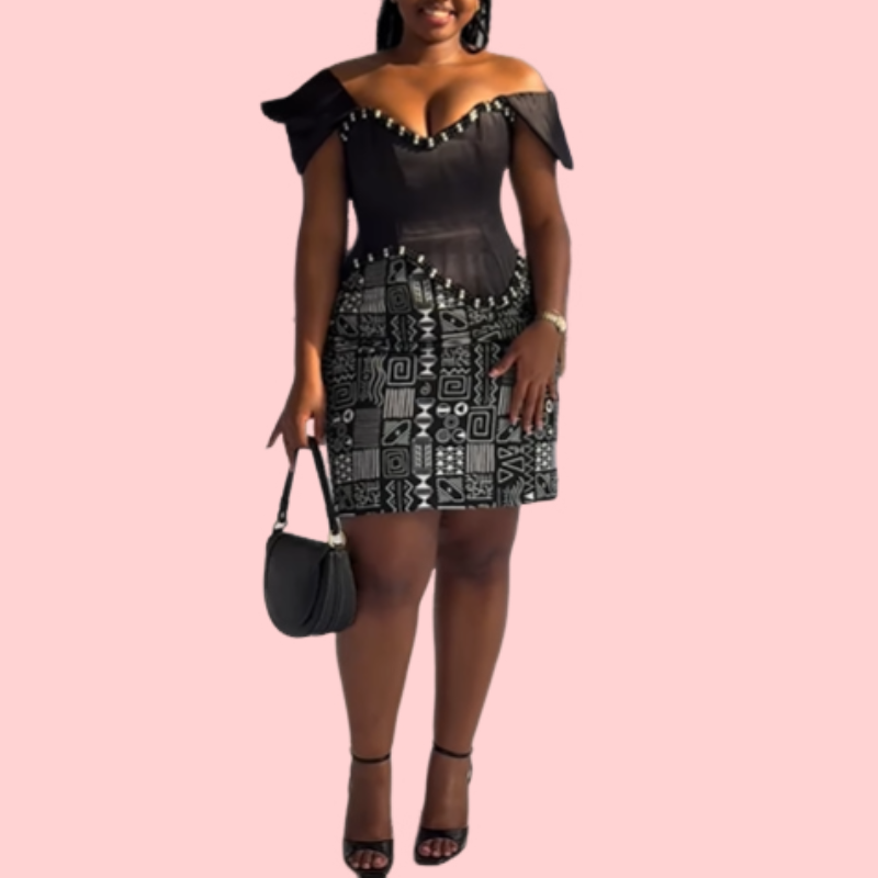Black & White Beaded Wrap Top + Printed Skirt Set