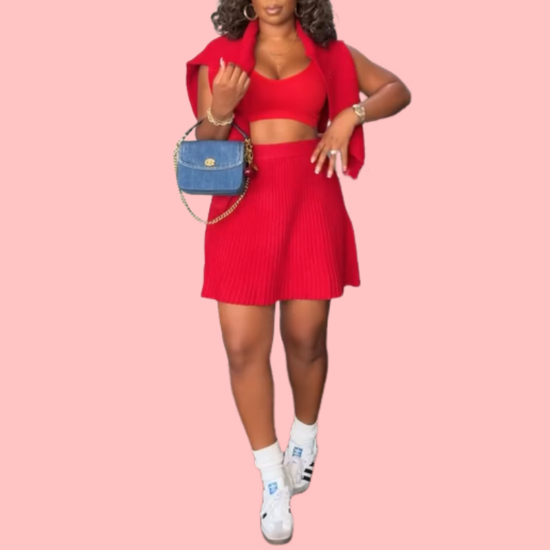 Knit Long-Sleeve Top & Pleated Skirt Set