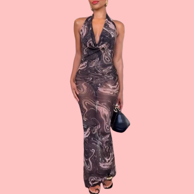 Mesh Water Ripple V-Neck Maxi Dress