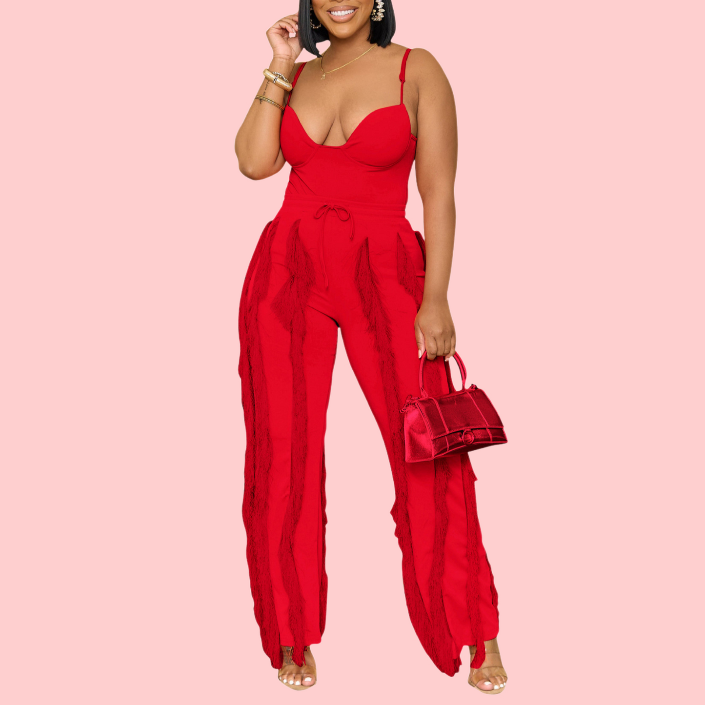 Solid-Color Strapless Top & Fringe-Trimmed Pants Set