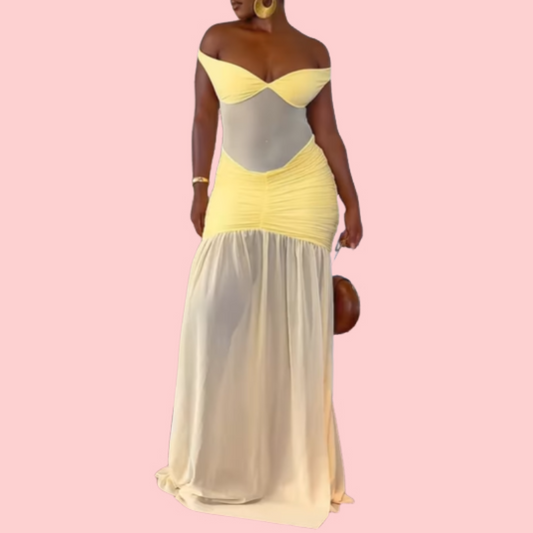Solid Color Strapless Mesh Split Maxi Dress