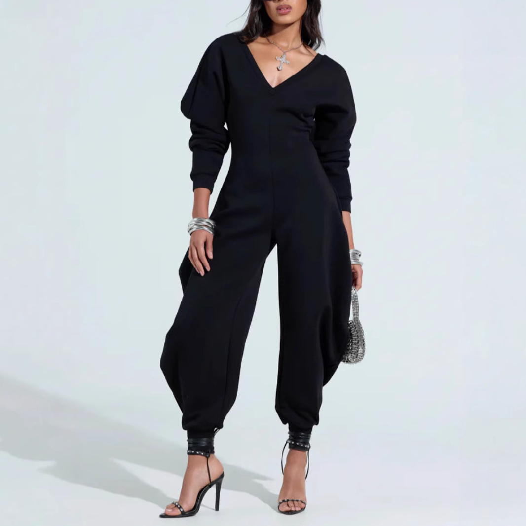 Solid Color V-Neck Jumpsuit