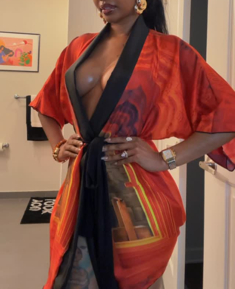 Red Printed Short Sleeve Robe
