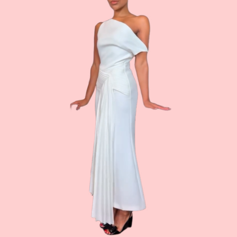White Slant Shoulder Irregular Midi Dress