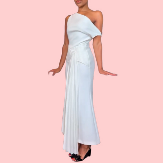 White Slant Shoulder Irregular Midi Dress