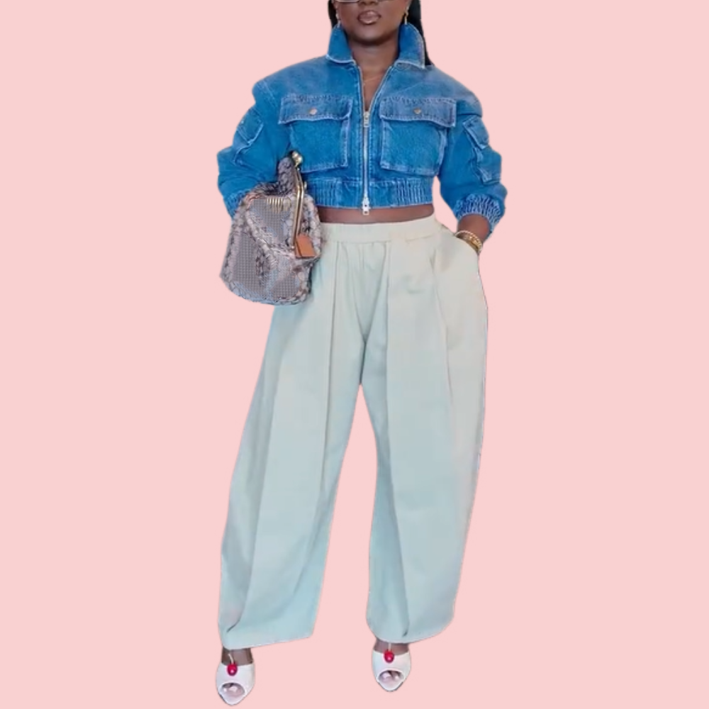 Blue Denim Pocket Jacket & Wide-Leg Trousers Set