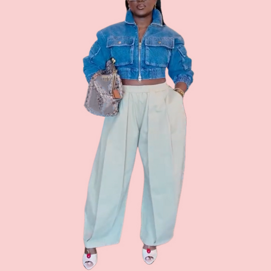 Blue Denim Pocket Jacket & Wide-Leg Trousers Set