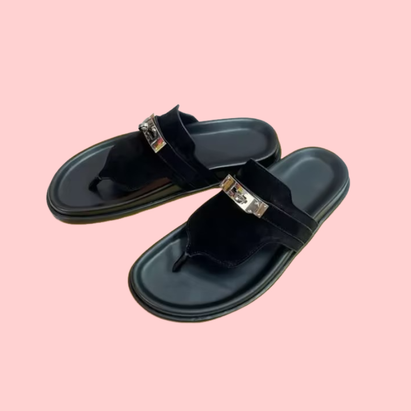 Metal-clasped Leather Flip-Flops