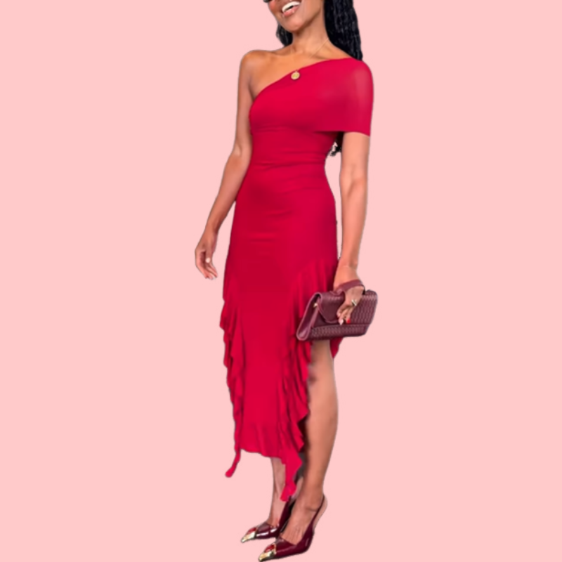 Solid Color Slant Shoulder Ruffle Midi Dress