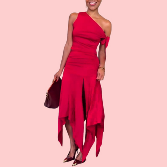 Red Slant Shoulder Top & Split Skirt Set