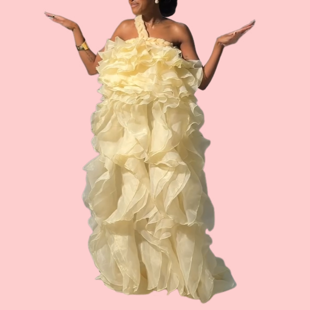Yellow Knitted One-Shoulder Fluffy Maxi Dress