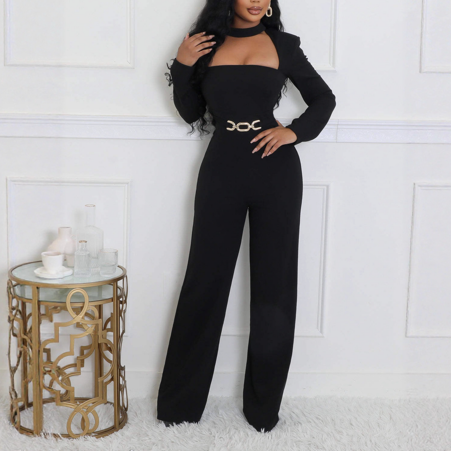 Solid-Color Wrap-Neck Wide-Leg Jumpsuit