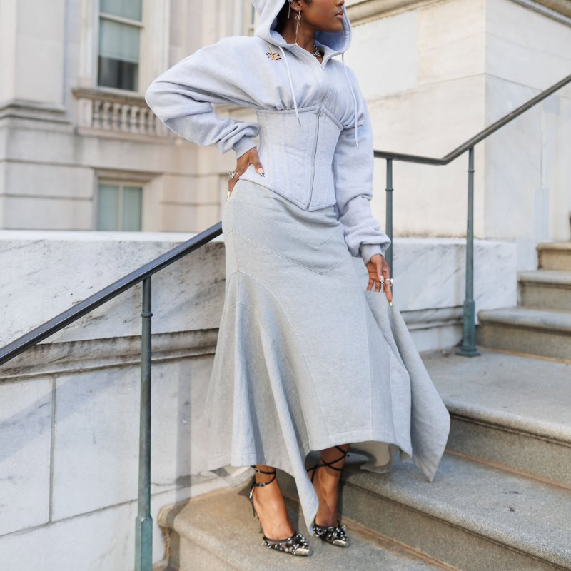Grey Hooded Drawstring Sweatshirt & Skirt Set