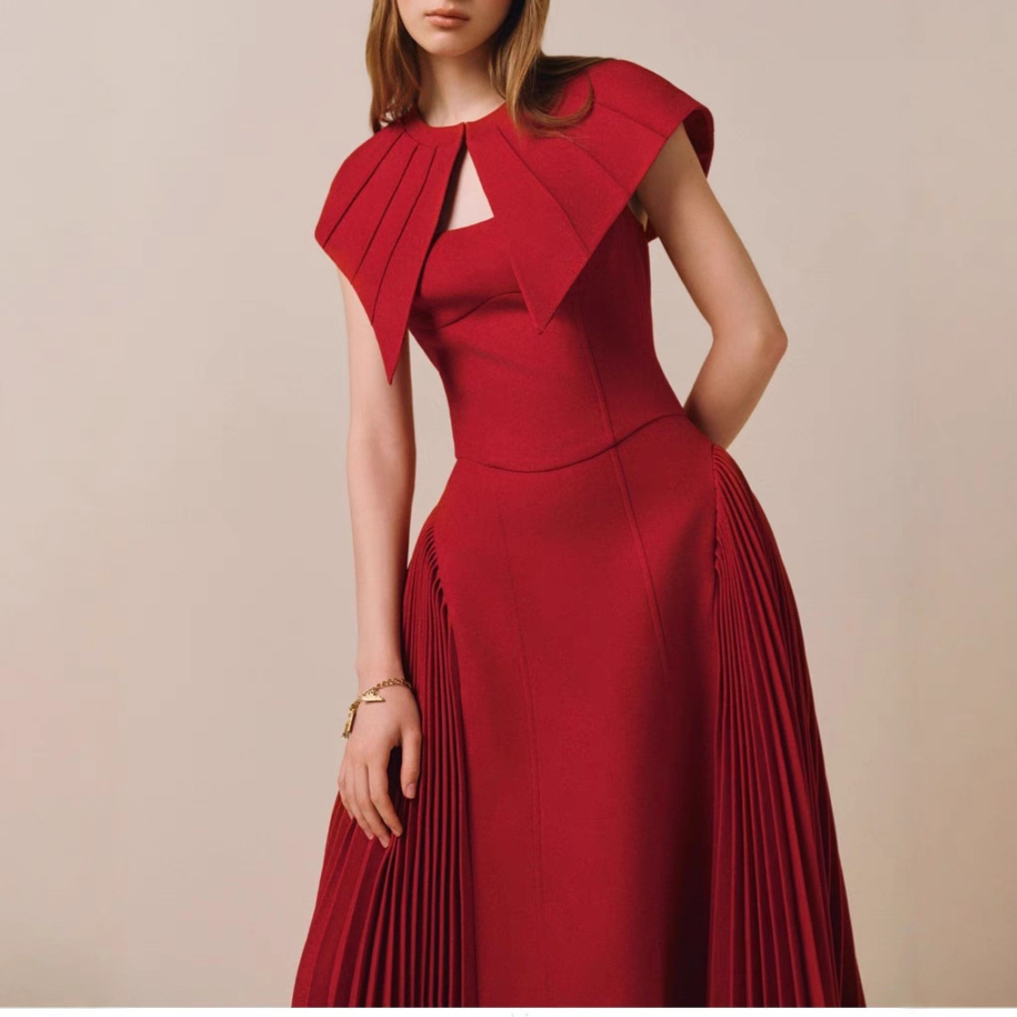 Red Shawl + Elegant Pleated Maxi Dress
