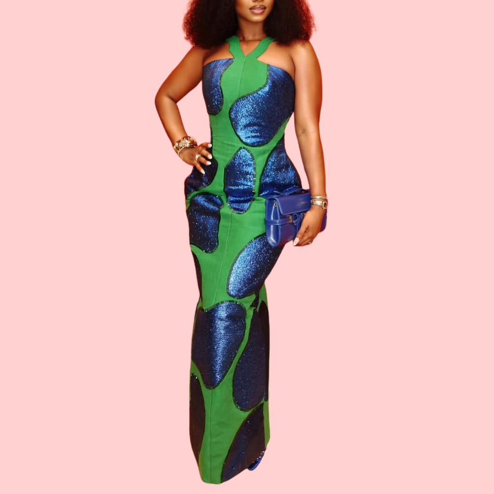 Blue and Green Patchwork Halter Dress