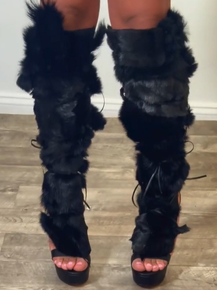Black Faux Fur Strap High Heels