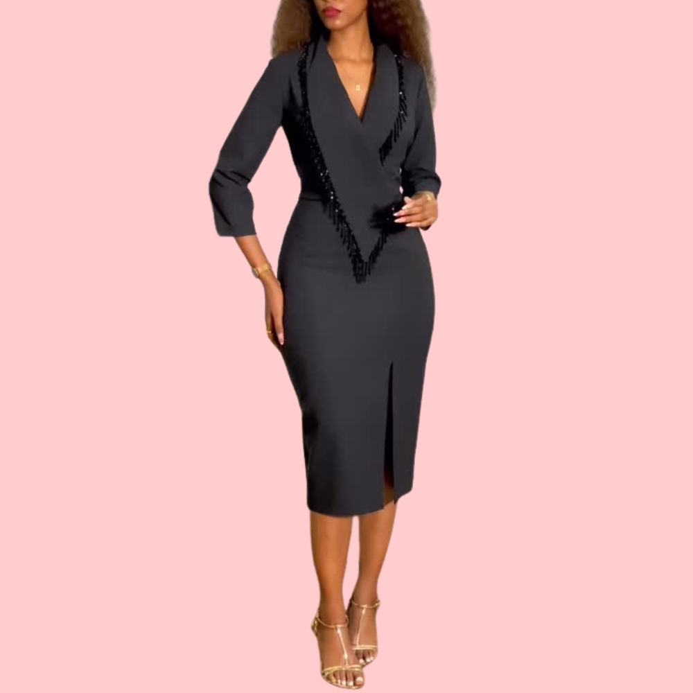 Black Fringe V-Neck Midi Dress