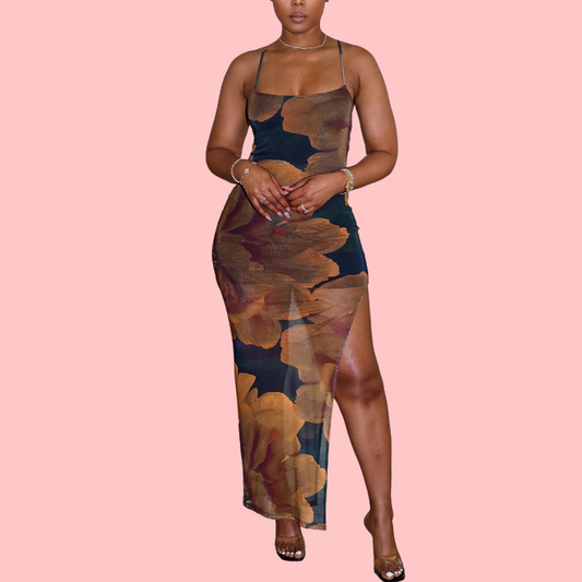 Floral Printed Halter Tulle Midi Dress