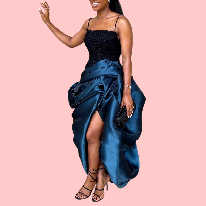 Blue Silk Patchwork Halter Maxi Dress