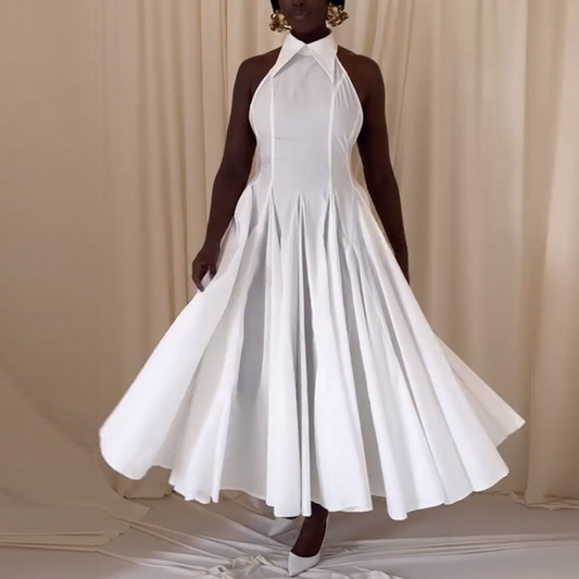 White Sleeveless Shirt Collar Midi Dress