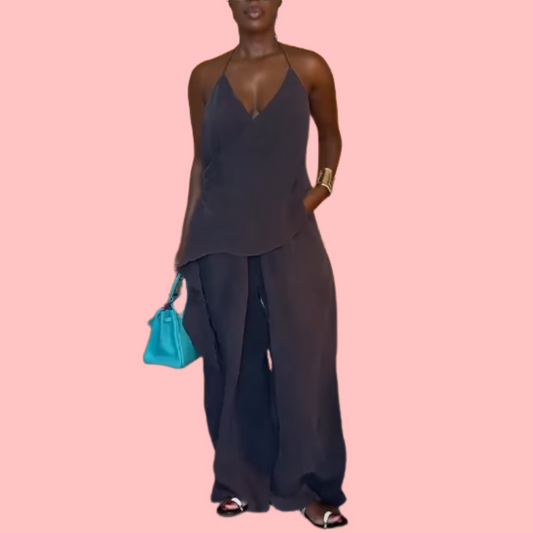 Gray Washed Flutter Top & Pants Set