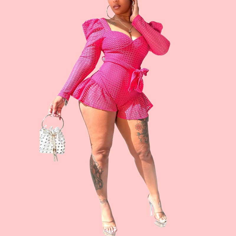 Pink Long-Sleeve Hollow-Out Jumpsuit