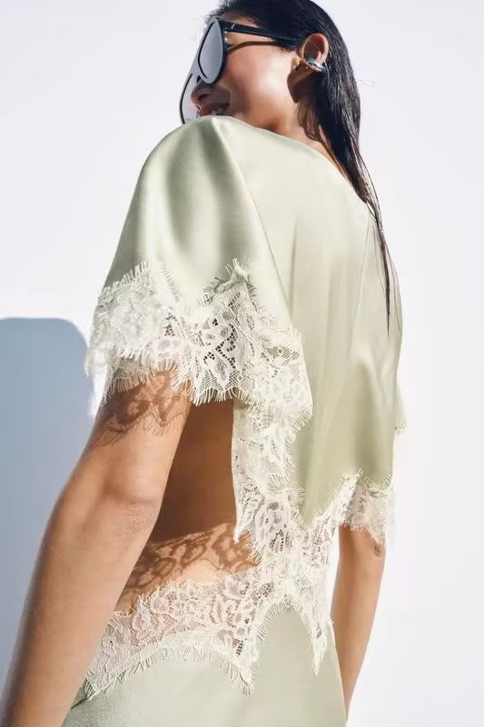 Avocado Green Lace-Trimmed Sheer Dress