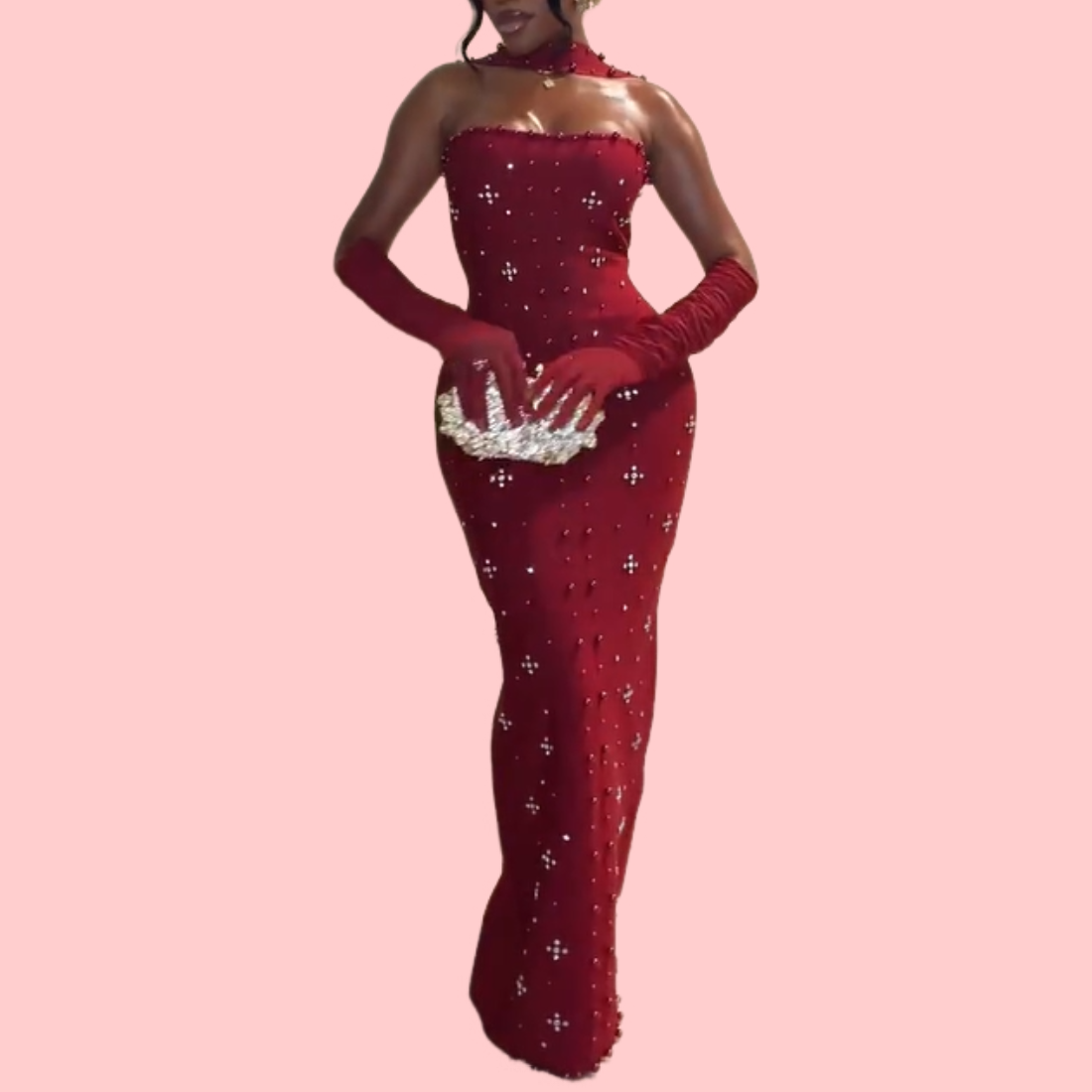 Christmas Party Rhinestone Strapless Maxi Dress