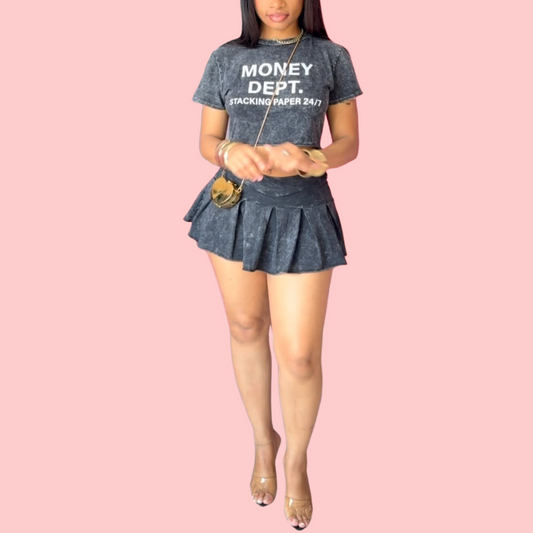 Washed Letter Short Sleeve Top & Skirt Set