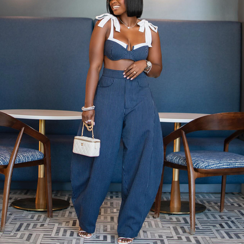 Bow-Tie Striped Wrap Top & Wide-Leg Pants Set