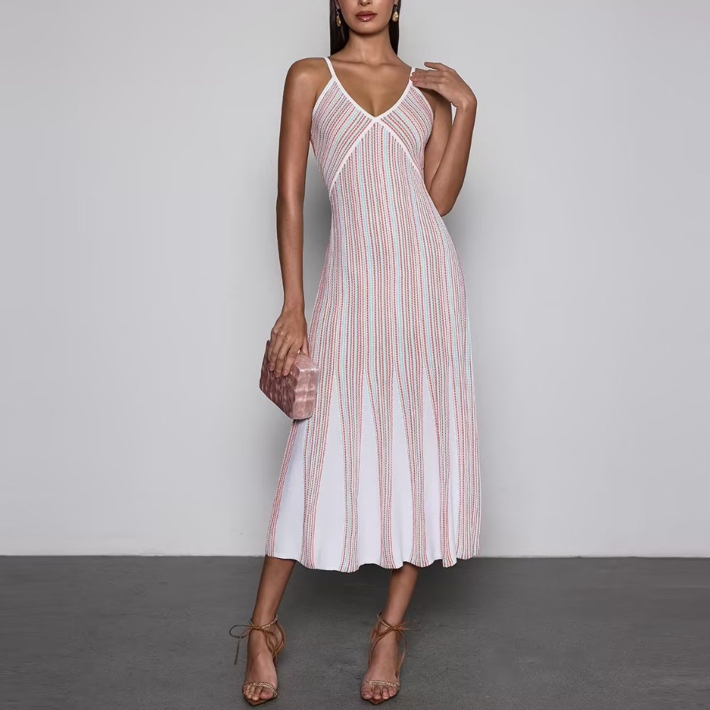 Striped V-neck Sleeveless Tencel Knit Dress