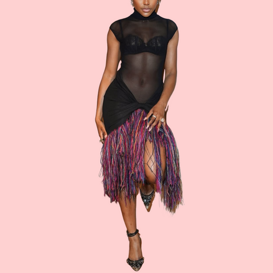 Black Mesh Patchwork Fringe Maxi Dress