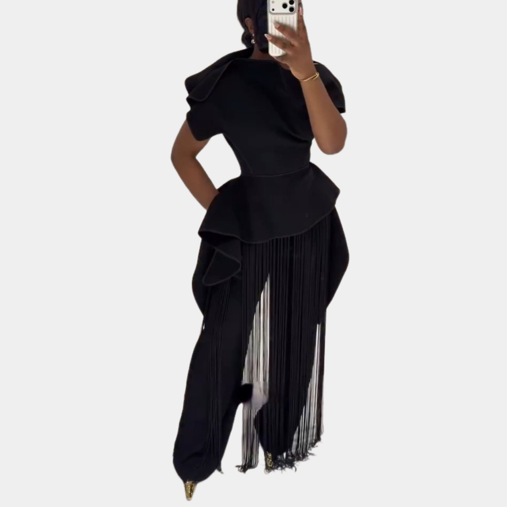 Black Asymmetrical Embroidered Top with Fringe + Trousers Set