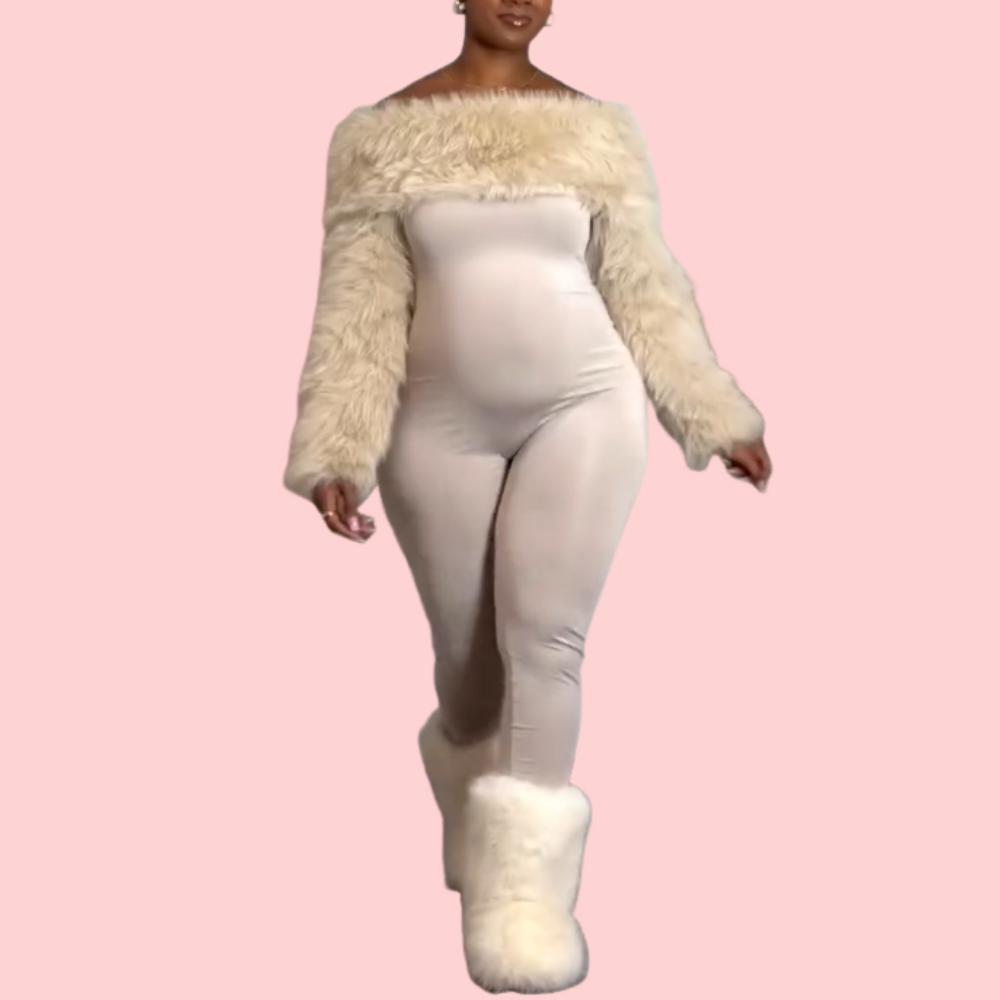 Sexy Faux Fur Patchwork Slim-Fit Jumpsuit