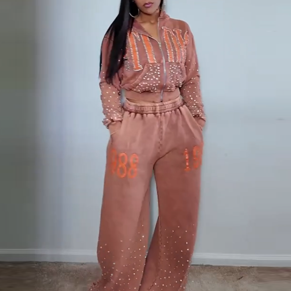 Pink Letter Rhinestone Hoodie Set