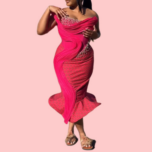 Red One-Shoulder Pearl Embroidered Maxi Dress