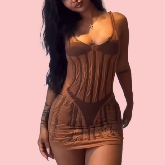 Brown Bikini Printed Mini Dress